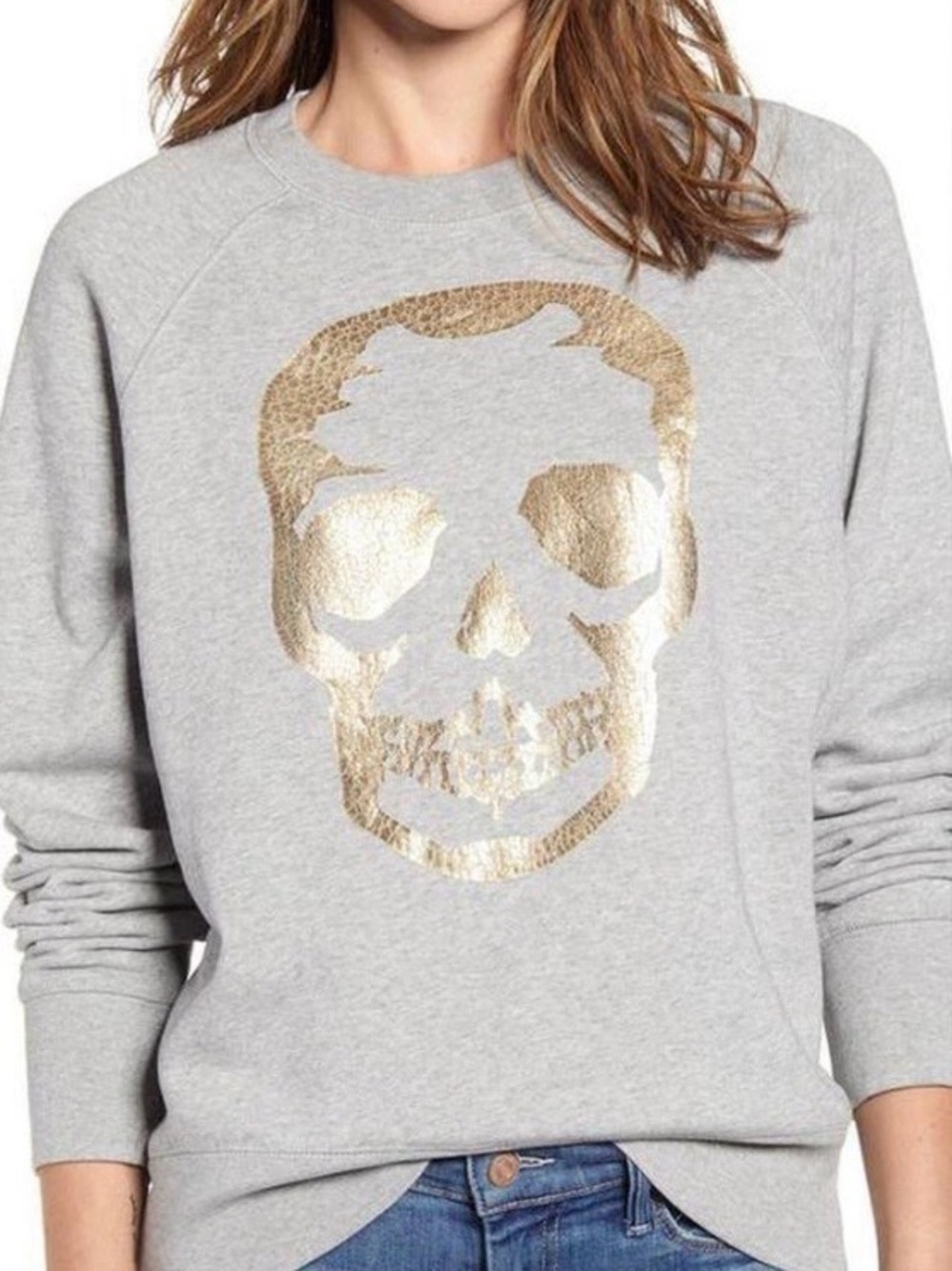 Zadig & Voltaire Upper Skull Gold Foil Heathered Gray Crewneck Sweatshirt S